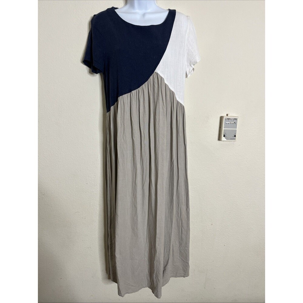 Yidarton Colorblock Cotton Blend Short Sleeve Round Neck Midi Maxi Dress SZ M